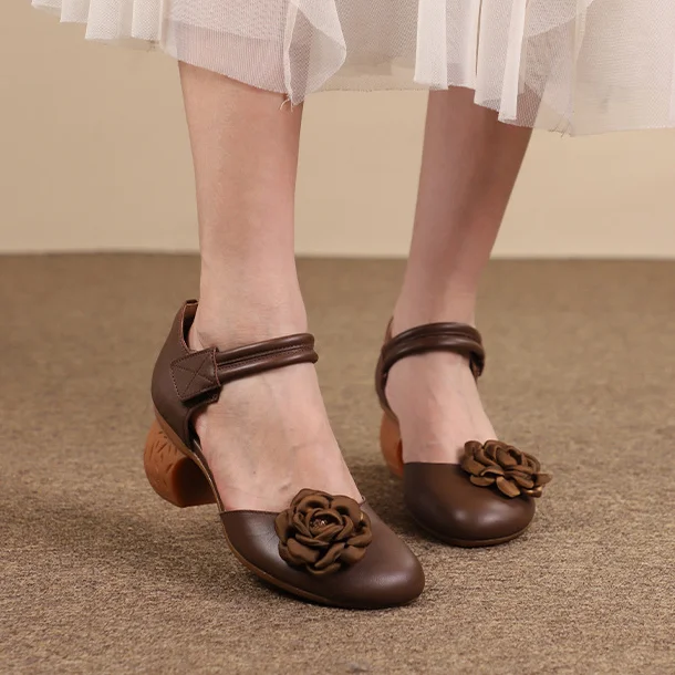 Mid Heel Mary Jane Sandals Womens Round Toe  Retro Buckle Sandals Handmade Matte leather Pumps Grey shopify Stunahome.com