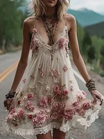 Vintage Boho Pink Rose Embroidery Art Linen Mini Caimi Dress