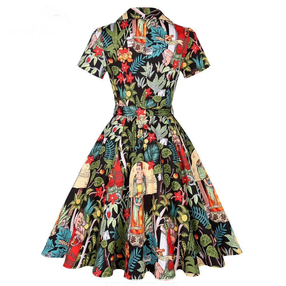 50S Retro Toucan Floral Print Short Sleeve Swing Dress