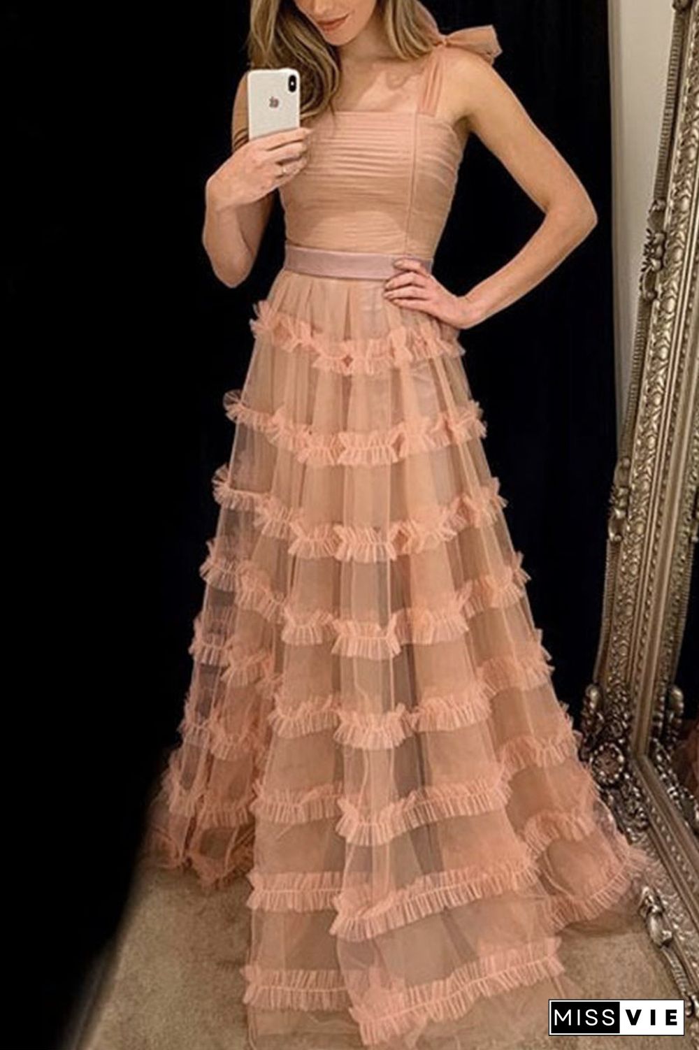 Elegant Solid Mesh Square Collar Cake Skirt Dresses
