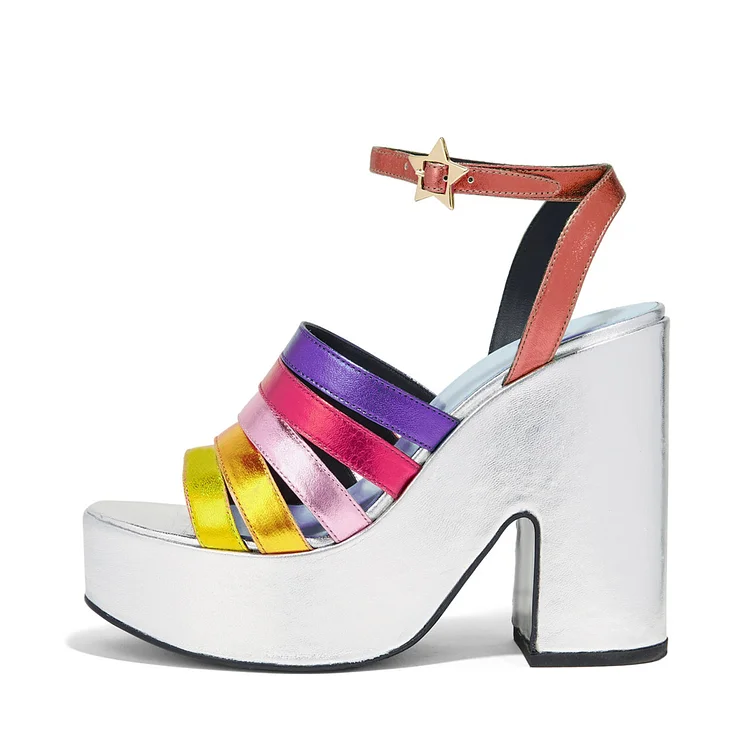 Rainbow Sandals Ankle Strap Colorful Chunky Heels with Platform |FSJ Shoes