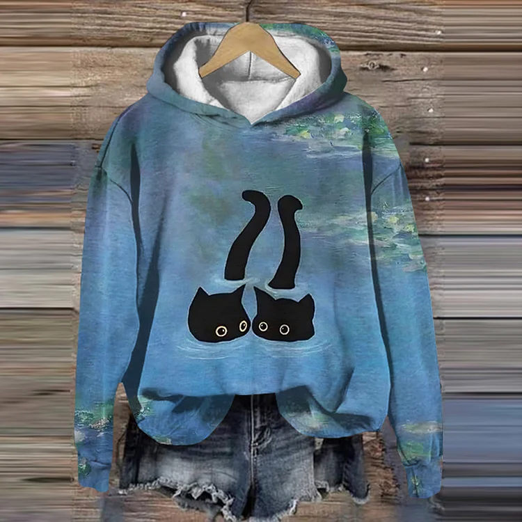 Women S Black Cat Art Casual Hoodie