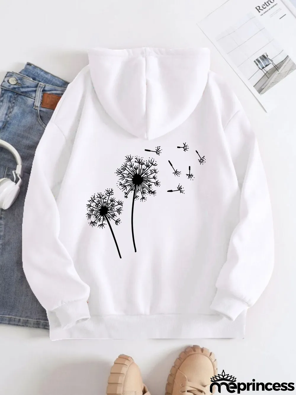 Printed on the Back Kangaroo Pocket Hoodie Long Sleeve for Women Pattern Dandelion