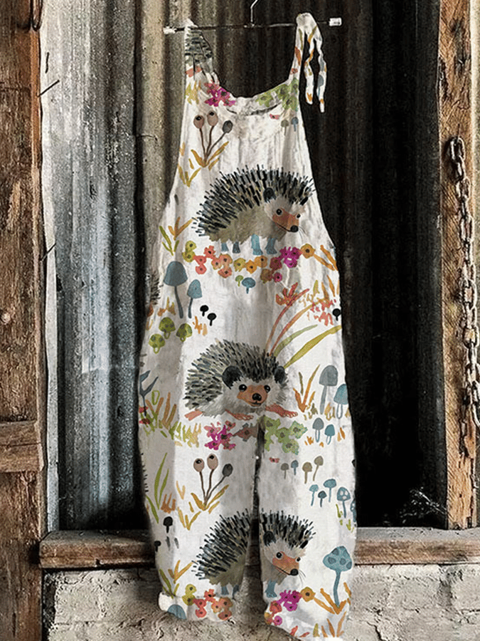 Women's Casual Hedgehog Botanical Print Jumpsuit Suspender