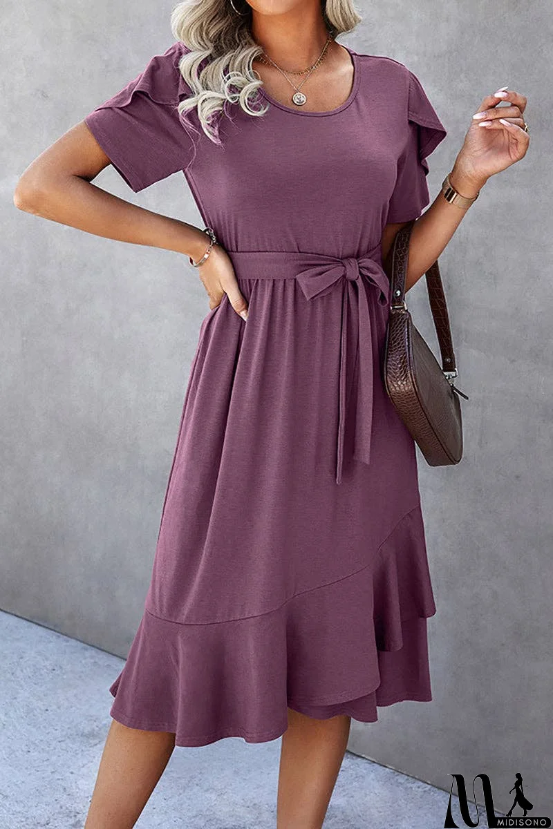 MidiSono - Scoop Neck Short Sleeve Ruffled Midi Dress