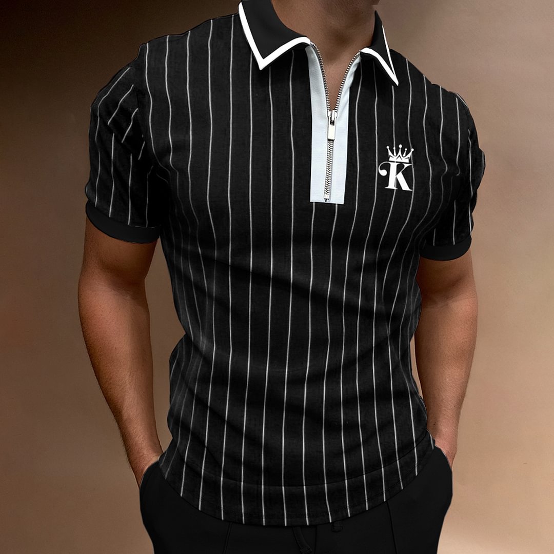 Men's Casual Crown K Stripe Print Color Matching Short Sleeve Zipper Polo Shirt、、URBENIE