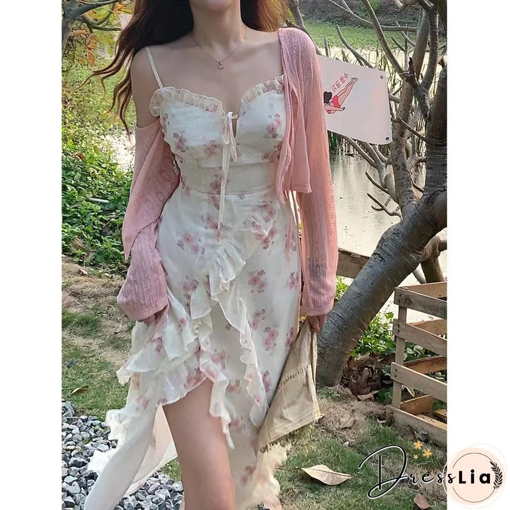 Summer Floral Sleeveless Midi Dress Elegant Sexy French Vintage Strap Dresses Woman Party One Piece Korean Fashion Robe Y2K