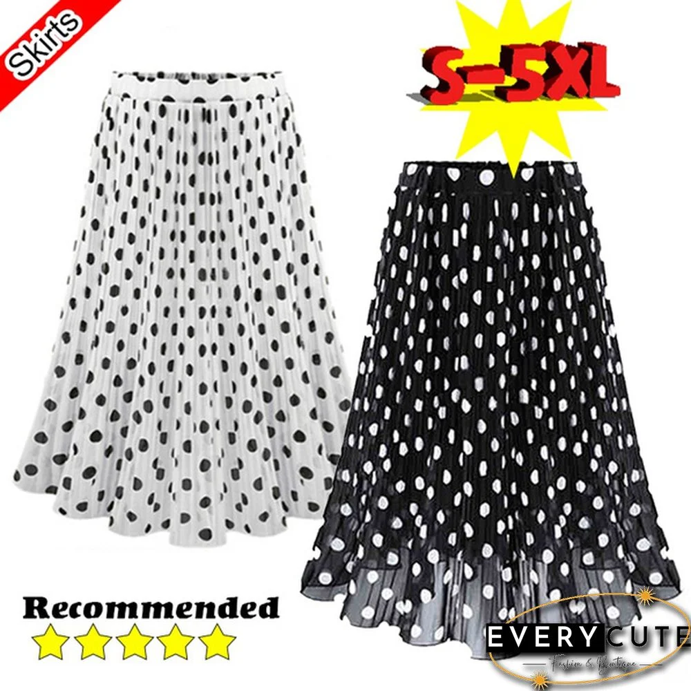 Black White Women's Tulle Polka Dot Chiffon Pleated Skirt Summer Skirts Womens Plus Size Harajuku Korean Midi Flared Skirt Women
