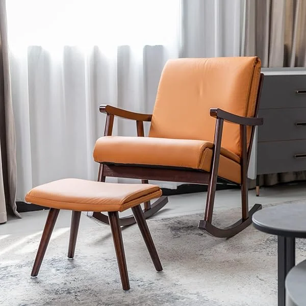 Rocking Chair Nursery with Ottoman, Comfy Glider Chair for Nursery,Upholstered Rocker Chair Nursing Chair with Footrest,Mid Century Modern Accent Armchair for Nursery Bedroom Living Room Orange