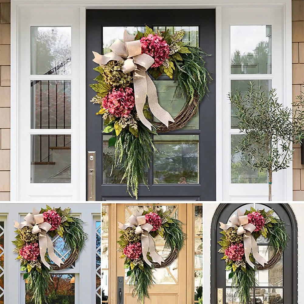 Double Hydrangea Wreath with Bamboo and Rattan  bow-knot