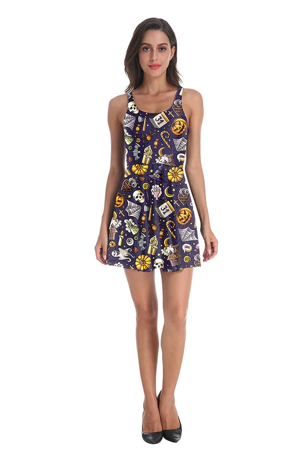 Pumpkin Lantern Skull Halloween Dress Navy Blue-elleschic