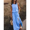 Women's Casual Round Neck Solid Color Sleeveless Slit Jumpsuit Long Dress