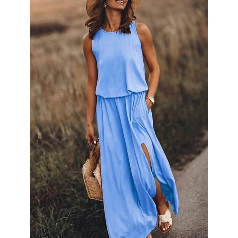 Uveng Uveng Summer New Women's Rounded Sleeveless Dress Open Multi-Colored Long Dress