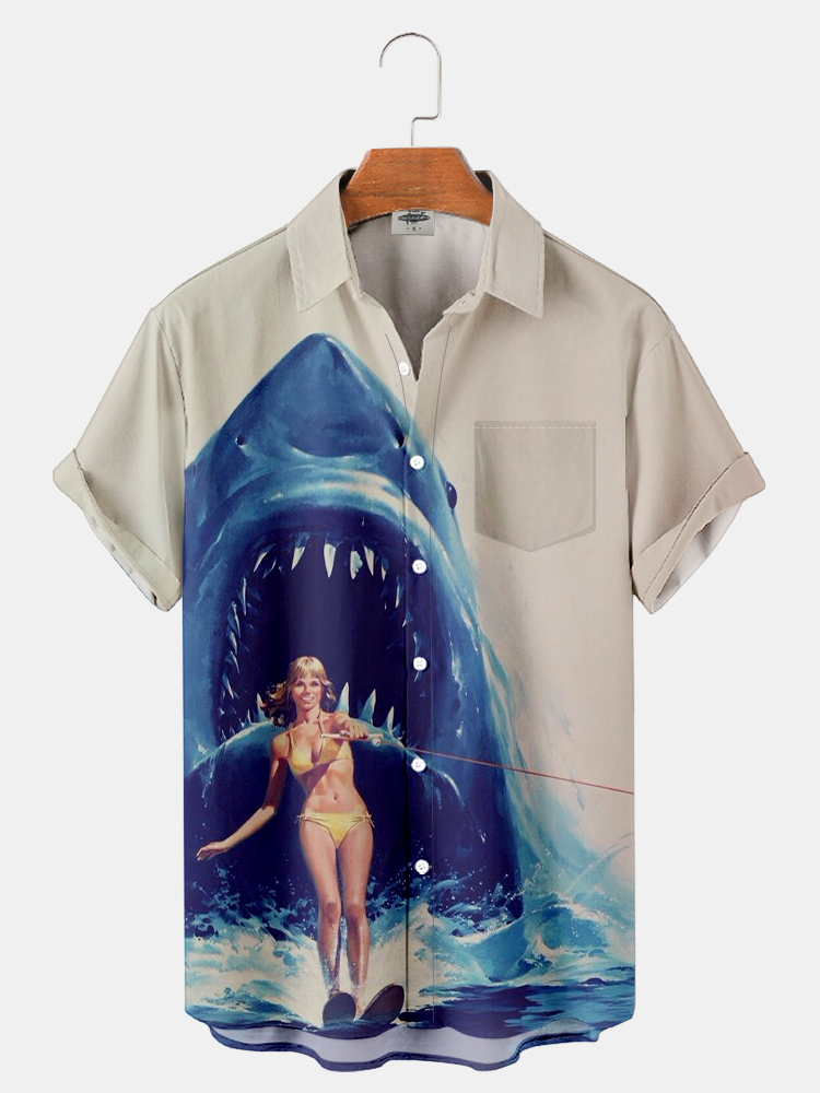 Men'S Classic Monster Movie Shark JAWS Printed Shirt PLUSCLOTHESMAN
