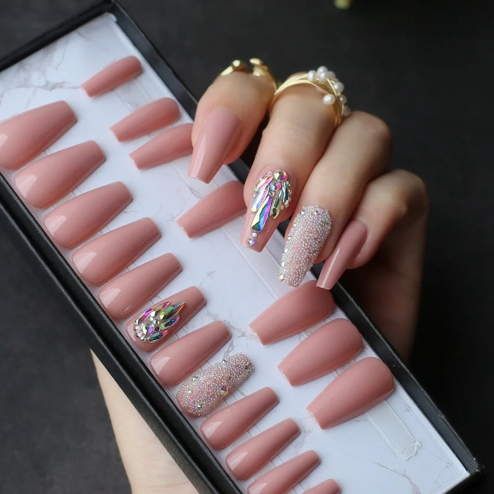 cream glossy coffin Press on nails 3D caviar reusable gel box custom crystal nails bling Microdrill glitter Ballet fasle nails-Nail Inspo
