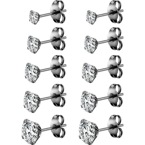 5 Pairs Stud Earrings Set, Hypoallergenic Cubic Zirconia 316L Earrings Stainless Steel CZ Earrings 3-8mm (Steel color) A1