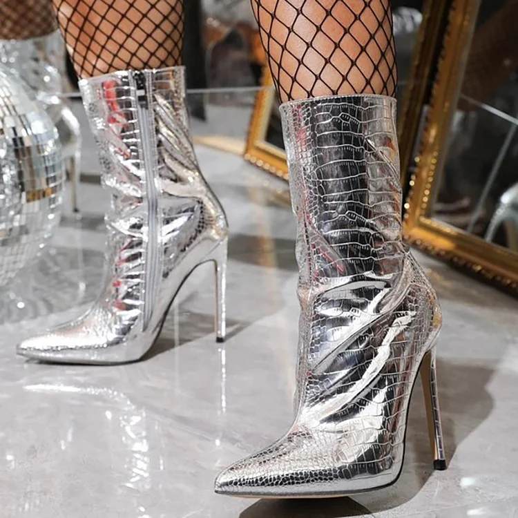 Alligator Print Zipper Pointy Toe Stiletto Heels Mid Calf Boots