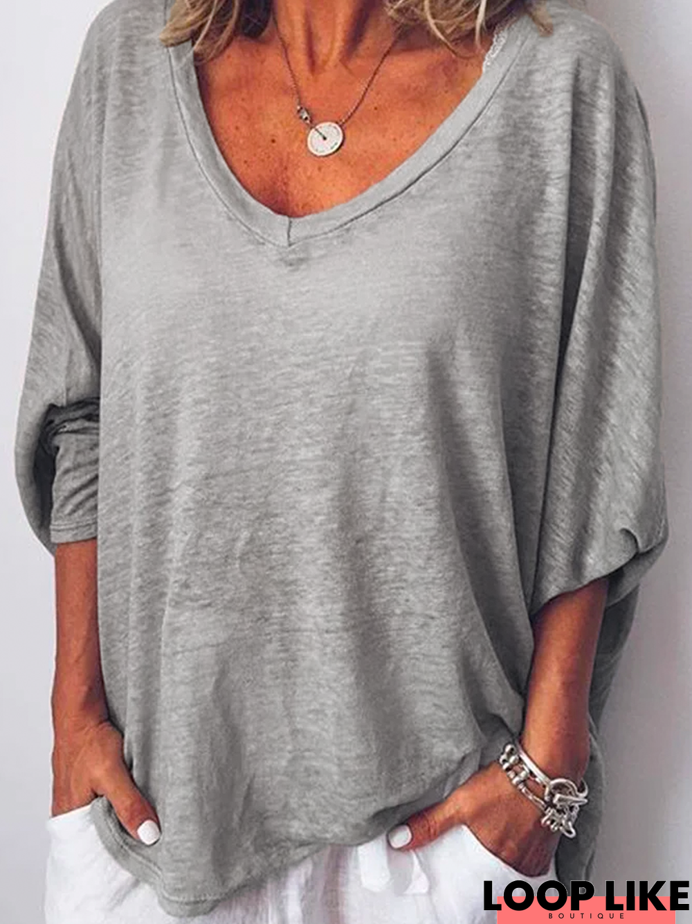 Long Sleeve V Neck Casual Tunic Top