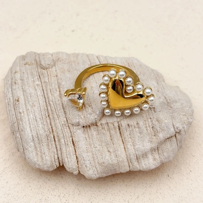 Minimalist Heart Shape Bow Knot 304 Stainless Steel Artificial Pearls Zircon 18K Gold Plated Inlay Rings