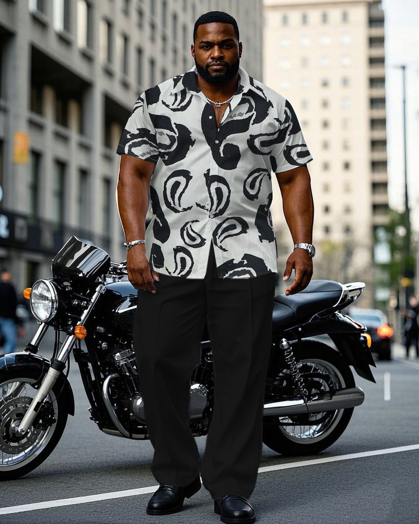 Men's Plus Size Abstract Paisley Quartet Continuous Pattern Short Sleeve Shirt Trousers Suit