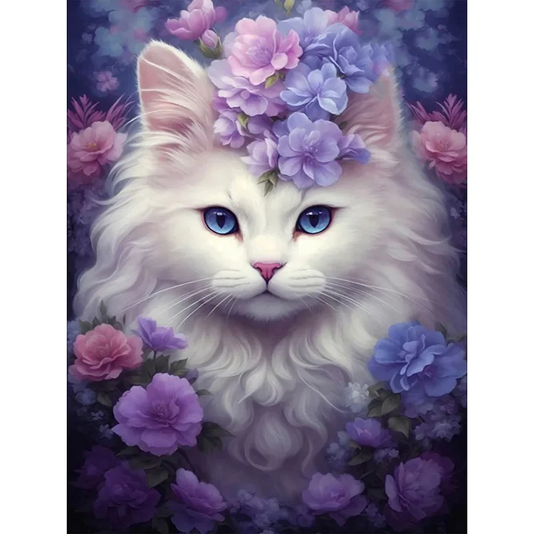Purple Flower White Cat - Full Round - Diamond Painting(30*40cm)