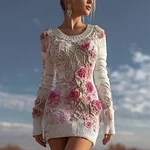 Vintage Boho Roses Fiber Art Cozy Knit Sweater Mini Dress - Image 2