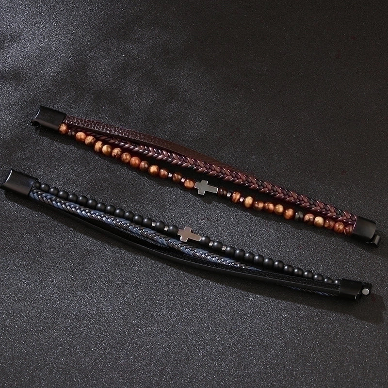 Classical Cross Alloy Tiger Eye Obsidian Knitting Men's Bangle