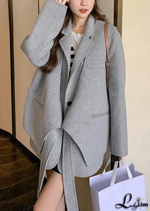 Chic Grey Button Pockets Patchwork Woolen Two Pieces Set Fall