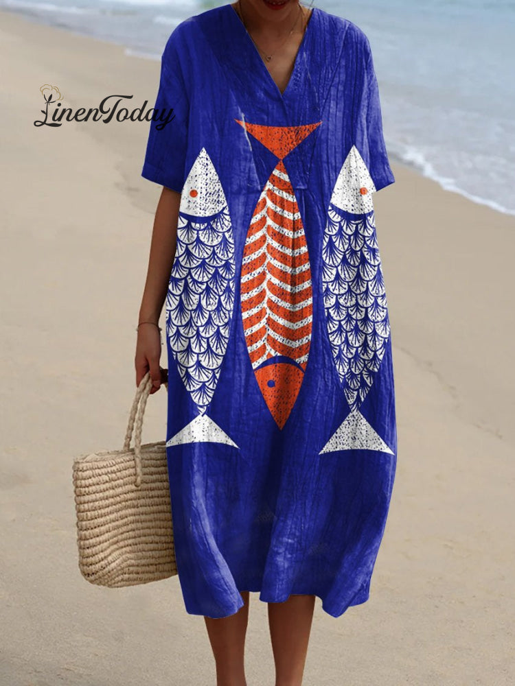 Women’s Fish Art Print Casual Dress Multicolor / S