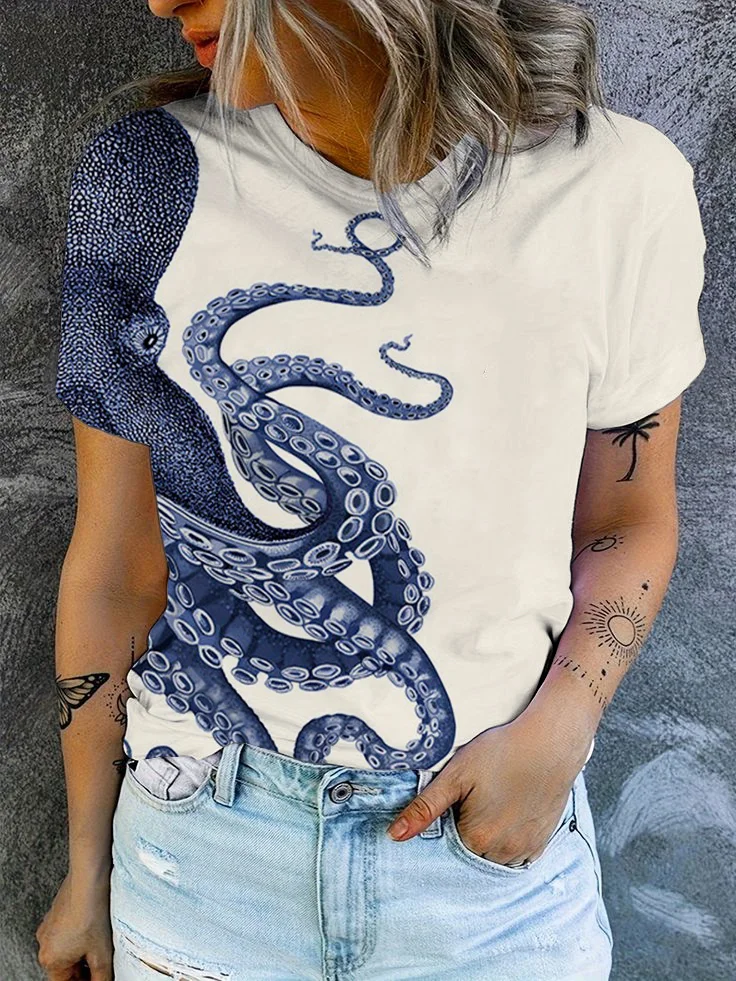 Women's Japanese Art Octopus Graphic Printed Casual T-Shirt