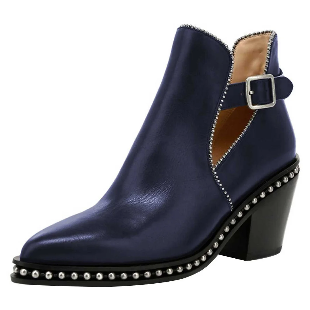 Navy Pointed Toe Ankle Strap Chunky Heel Booties for Women with Studs