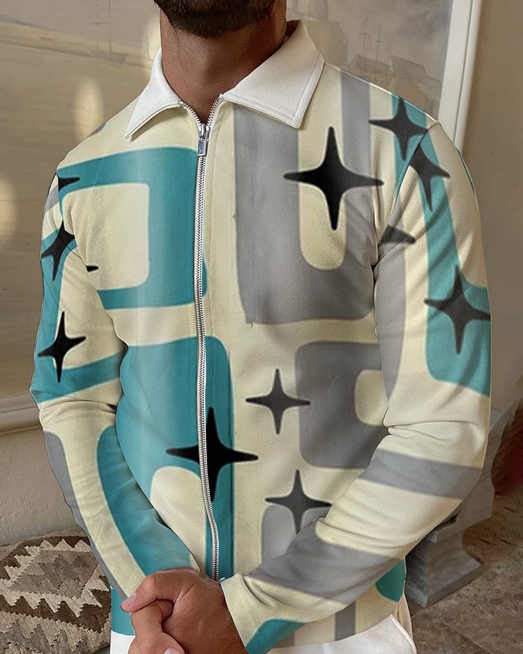 Men's casual geometric pattern retro polo shirt a6e0