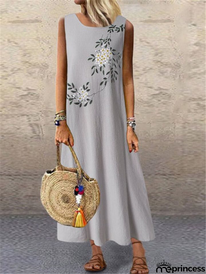 Relaxed Fit Scoop Neck Sleeveless Floral Print Cotton Linen Ankle-Length Dress