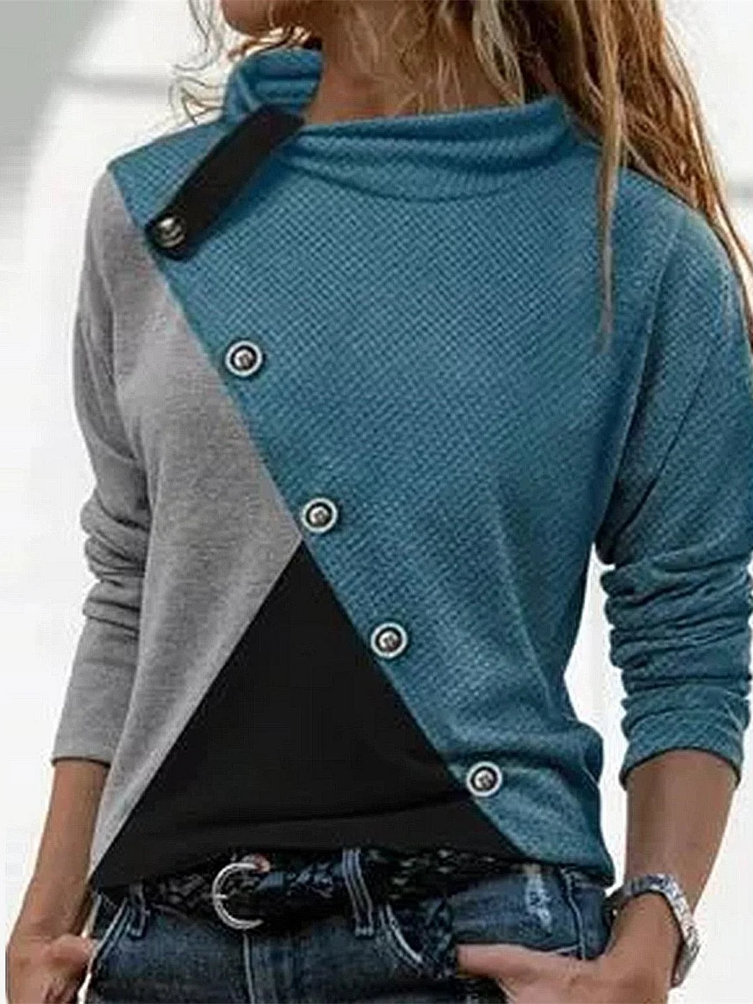 Women's Long Sleeve Scoop Neck Colorblock Stitching Top
