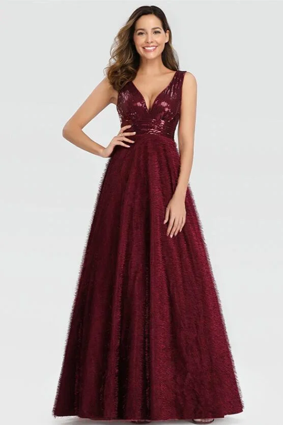 Elegant Fluffy Sequins Long Evening Dress Burgundy V-Neck Prom Dress Online - lulusllly