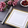 10 Pack | 7" Gold Trim White Plastic Square Dessert Plates, Disposable Appetizer Salad Plates