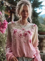 Boho Vintage Floral Lace Embroidered Women's Linen Long Sleeve Shirt