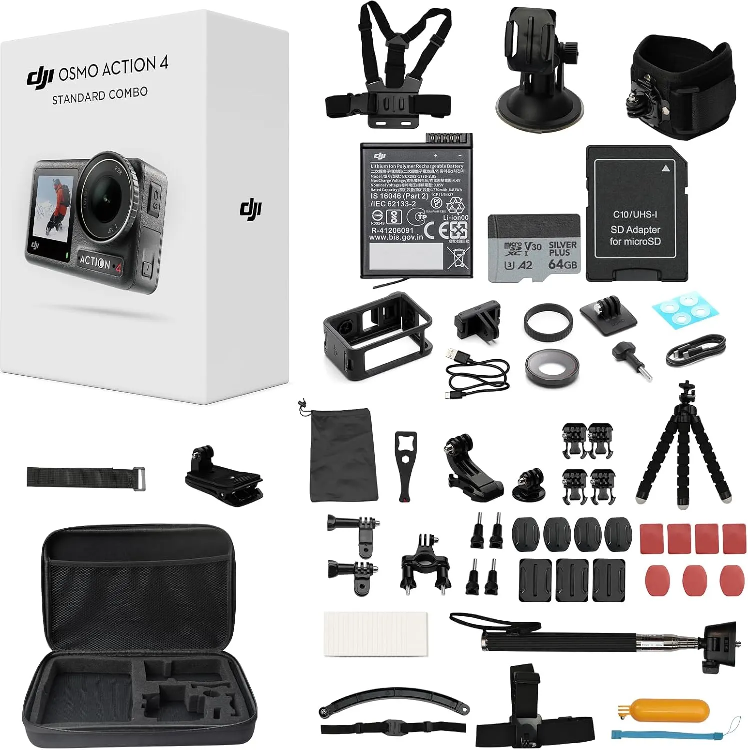 DJI Osmo Action 4 Waterproof Action Camera Bundle, 1/1.3" Sensor, 4K/120fps Video, Stunning Low-Light Imaging, Original Standard Combo + 58 Piece Accessory Kit + Extra 64GB Card