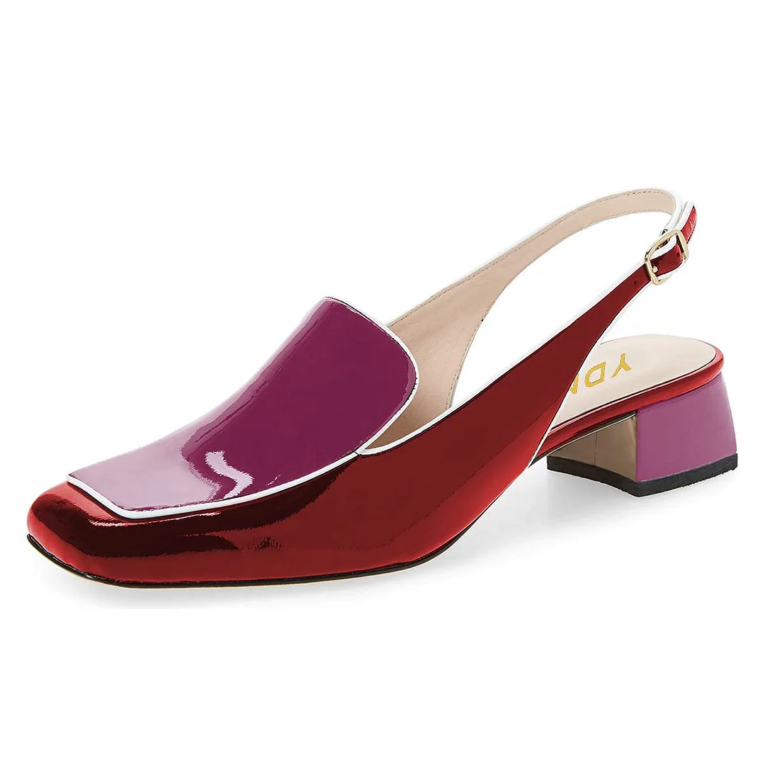 Red & Purple Square Toe Chunky Heel Slingback Women's Loafers