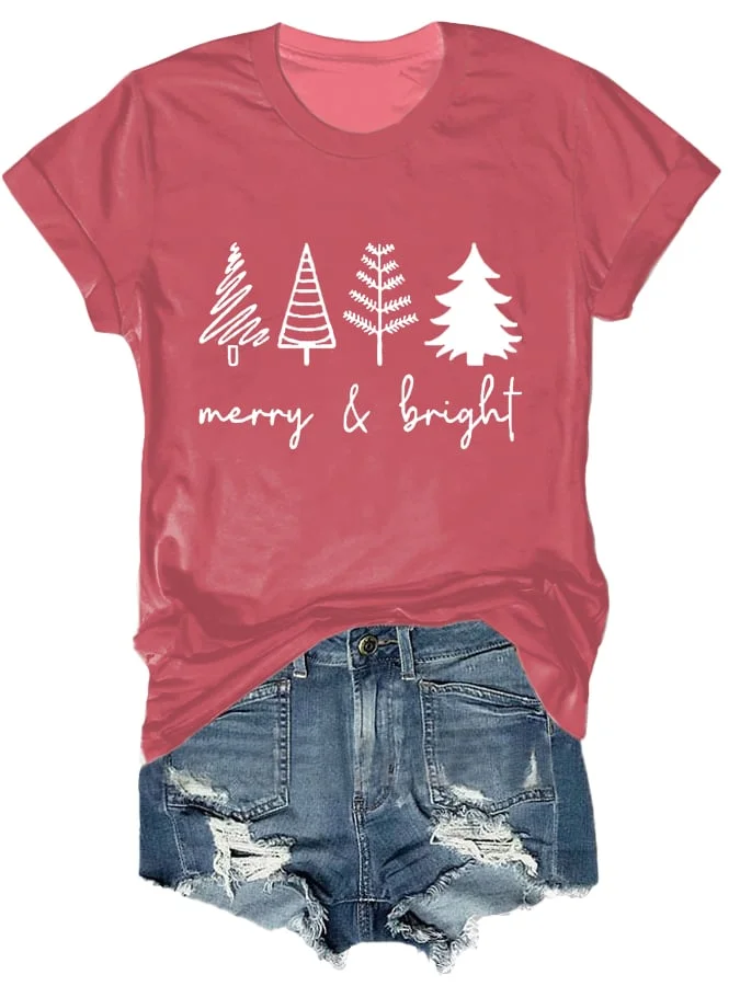 Merry And Bright Women's Christmas Print Short Sleeve T-Shirt-mysite