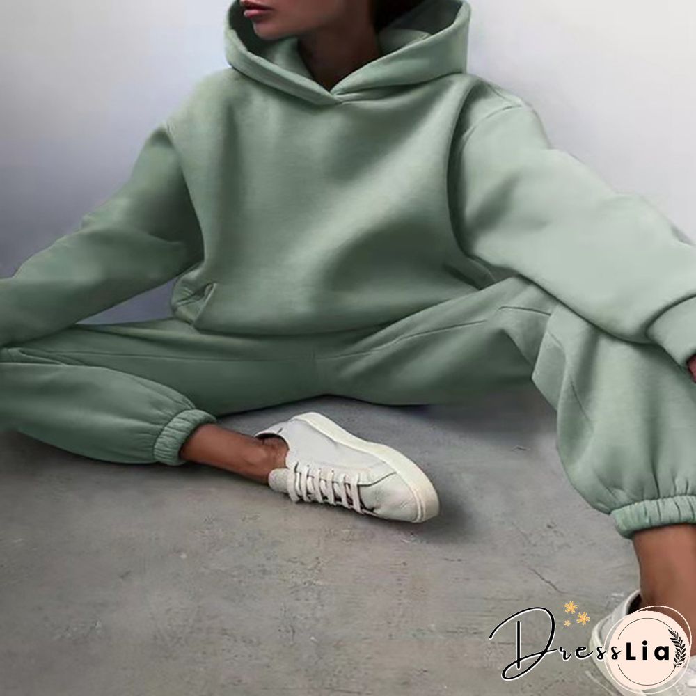 Women Hoodies Two Piece Set Long Sleeve Solid Casual Pocket Sweater Suit Spring Elastic Sport Pants Female Tracksuit