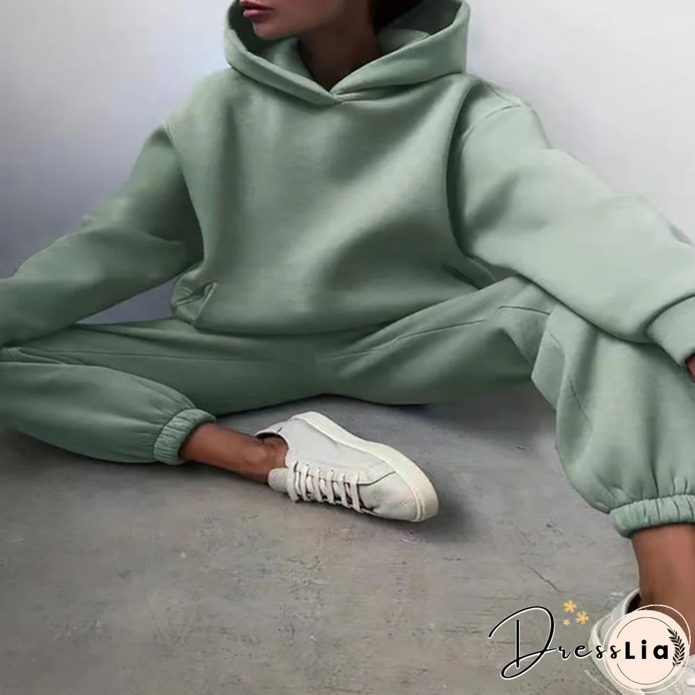 Women Hoodies Two Piece Set Long Sleeve Solid Casual Pocket Sweater Suit Spring Elastic Sport Pants Female Tracksuit