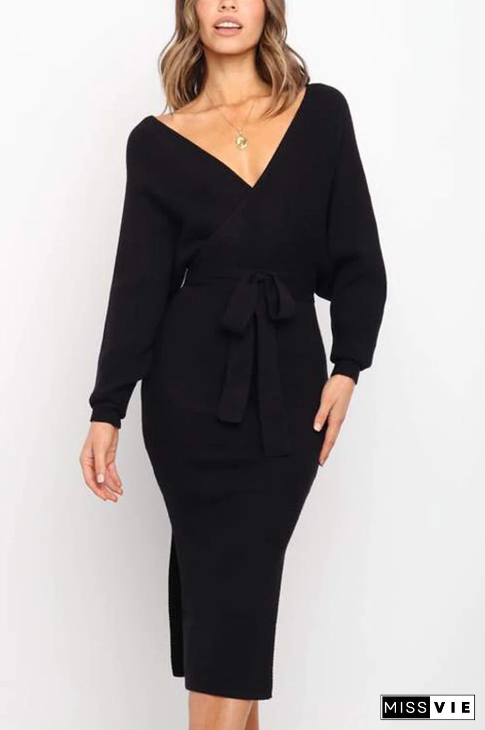 Surplice Wrap Side Slit Sweater Dress