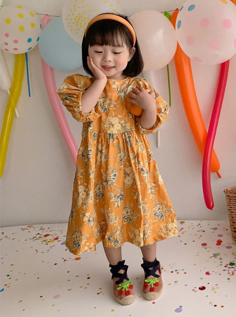 Retro Baby Spring Summer Girls Cotton Dress Kids Teenagers Children Clothes Outwear Puff Long Sleeve High Quality