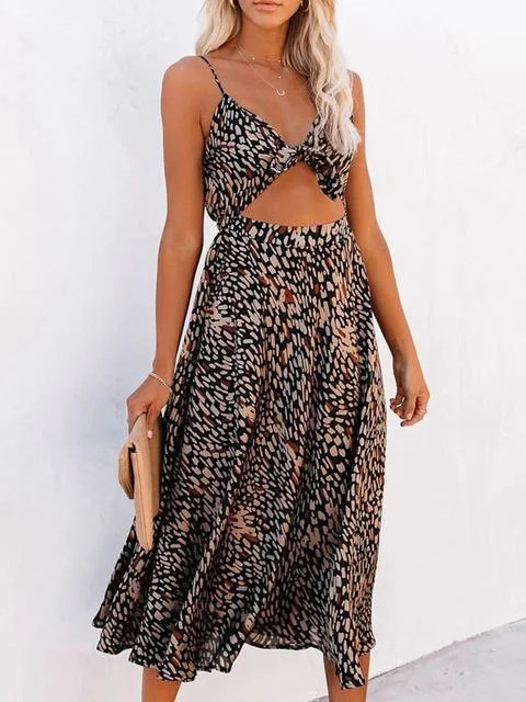 Women Print Front Tie Midi Dress-Allyzone-Allyzone