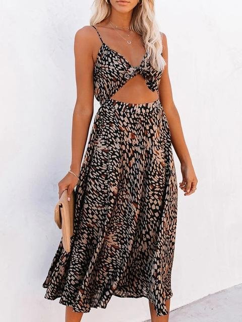 Women Print Front Tie Midi Dress-Allyzone-Allyzone