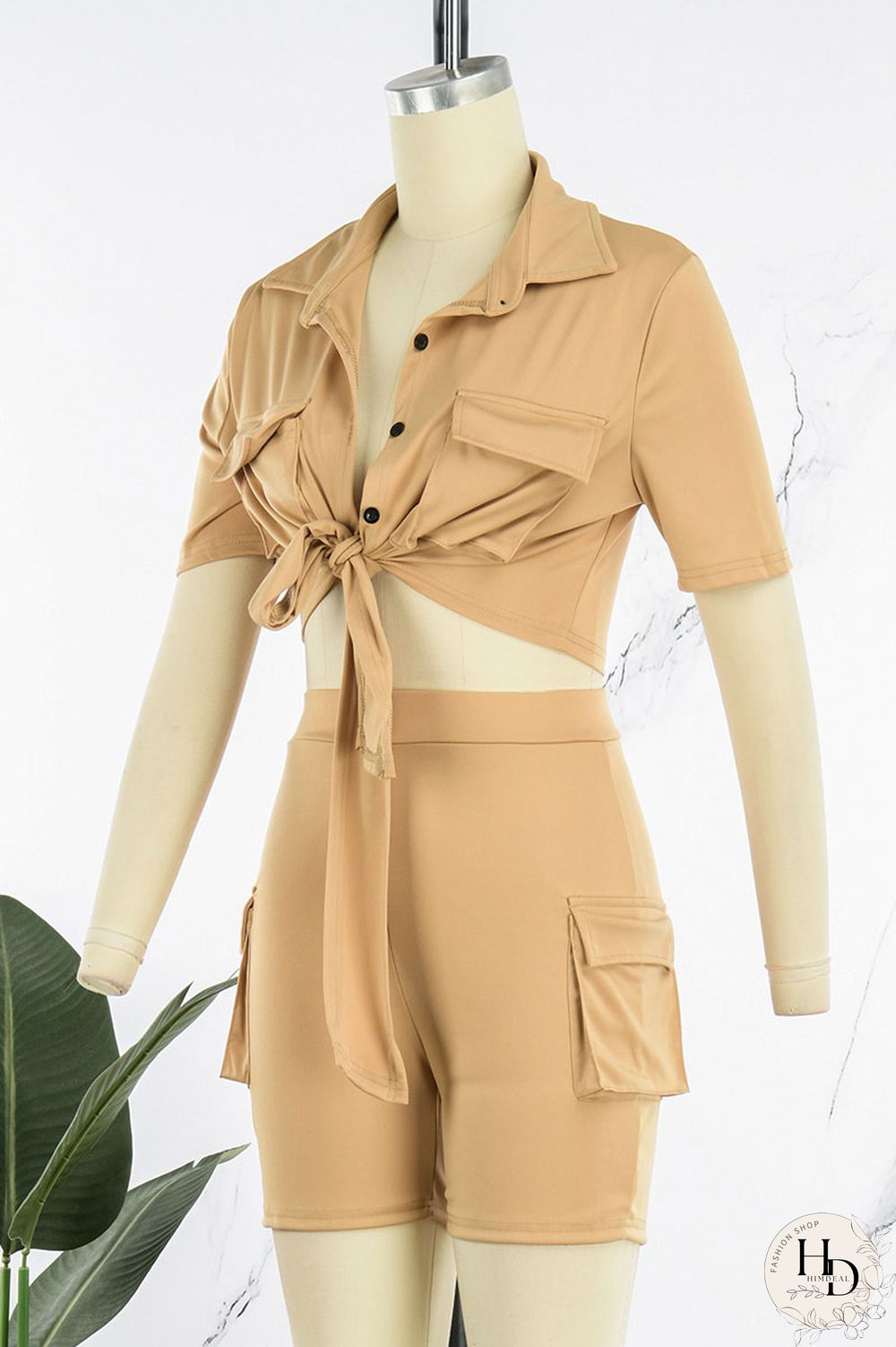 Khaki Casual Solid Bandage Patchwork Pocket Buckle Turndown Collar Short Sleeve Two Pieces