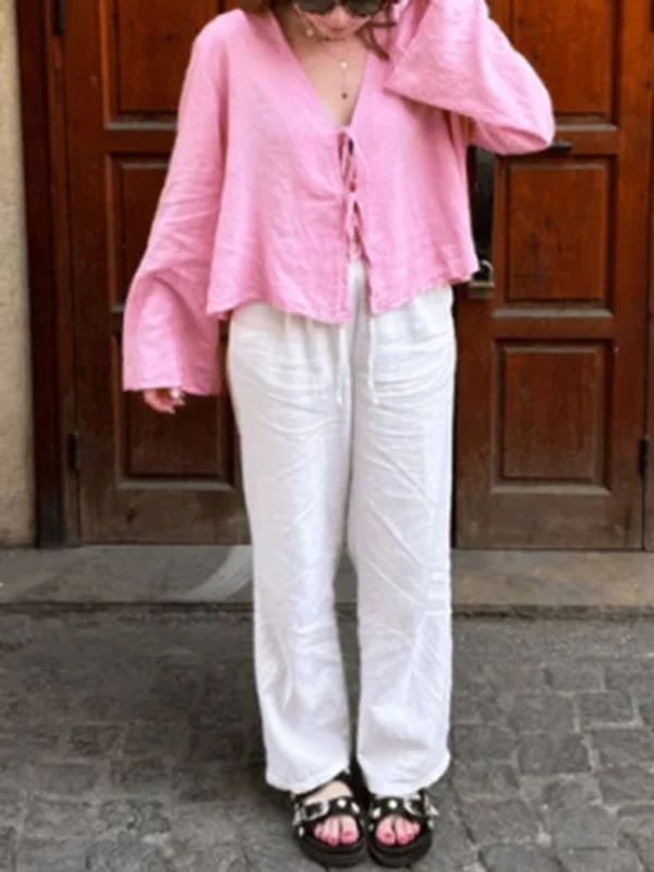 Solid Color Lace-Up V-Neck Blouses&Shirts Tops