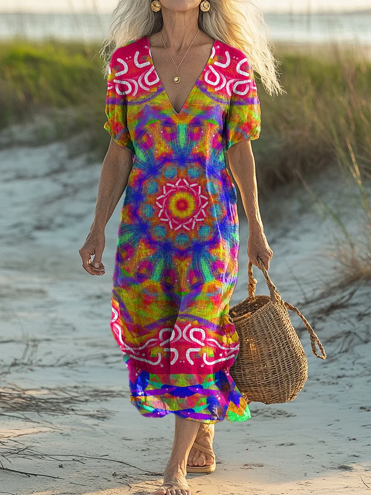 Women's Bright Mandala Pattern Art Print Short Sleeve Pocket Cotton and Linen Dress