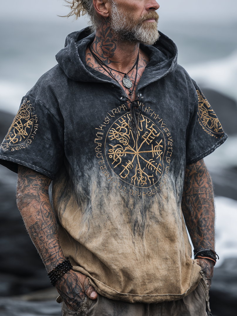 Men's Print Viking Inspired Rune Gradient Celtic Knot Pattern Short Sleeve Hoodie / Rvogue / Rvogue